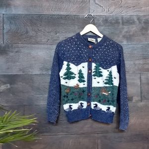 Vintage winter scene embroidered knit cardigan